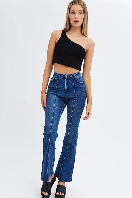 Denim Flare Jeans Mid Rise Pintuck