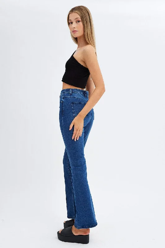 Denim Flare Jeans Mid Rise Pintuck