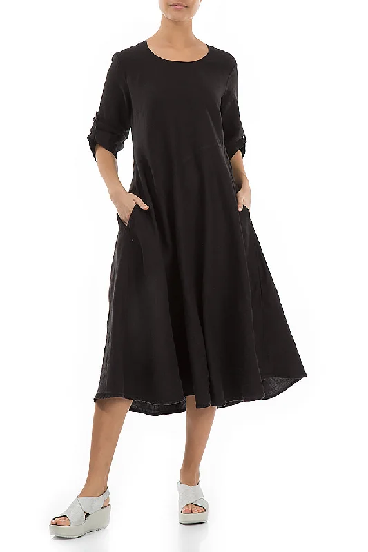 Flared A-Line Black Linen Dress