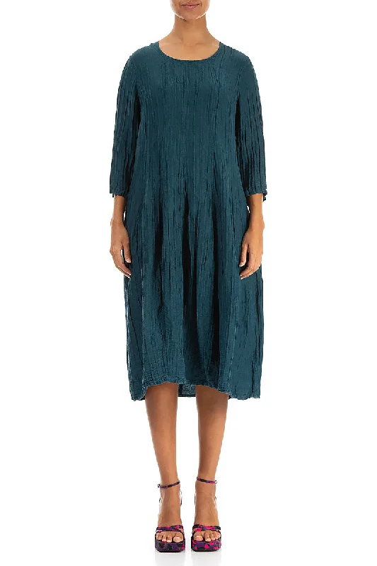 Flared Balloon Crinkled Dark Teal Silk Linen Dress