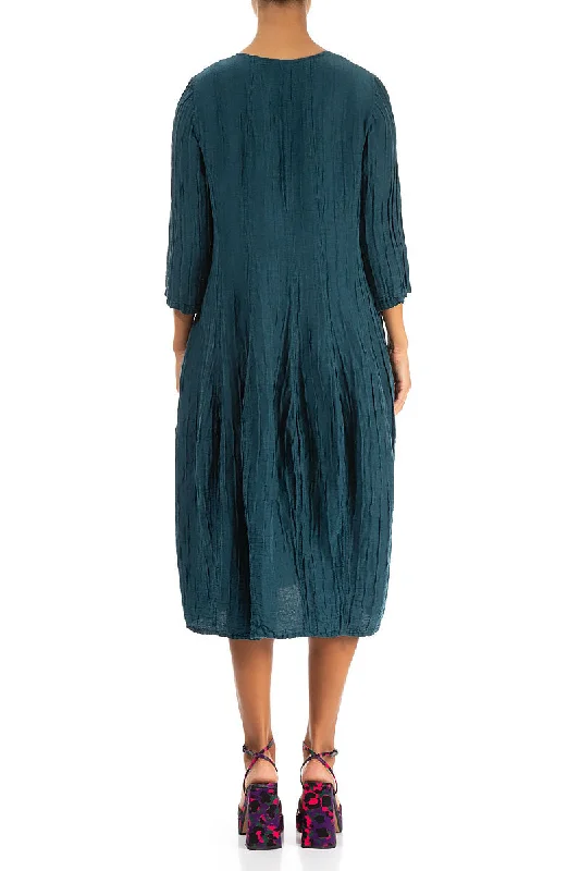 Flared Balloon Crinkled Dark Teal Silk Linen Dress