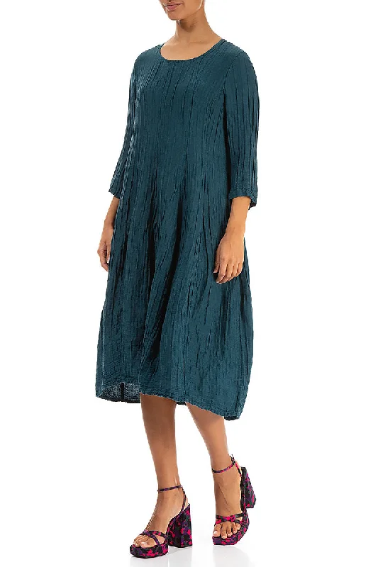 Flared Balloon Crinkled Dark Teal Silk Linen Dress