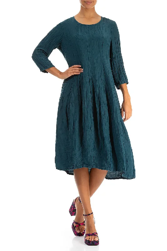 Flared Balloon Crinkled Dark Teal Silk Linen Dress