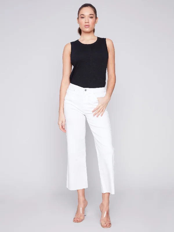 Flared Twill Jeans with Raw Edge - White