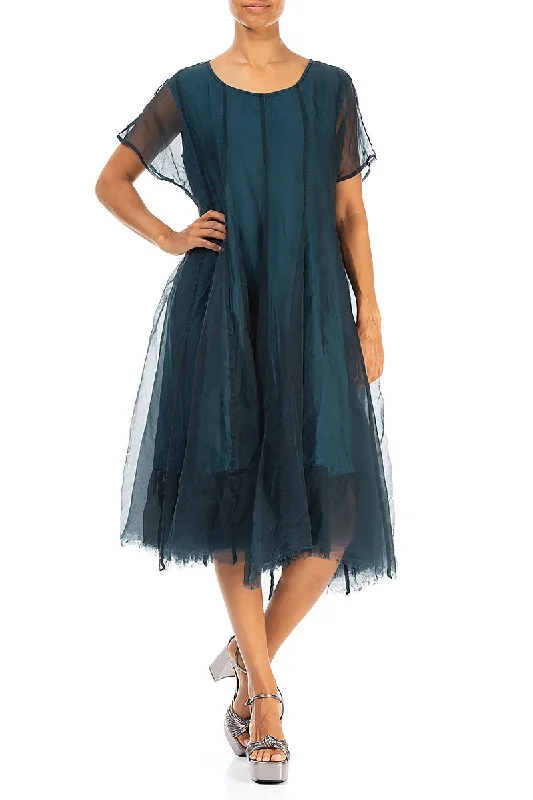 Flowy Dark Teal Silk Chiffon Dress