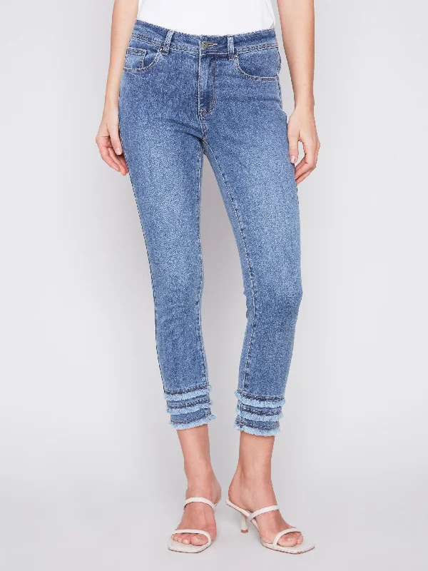 Frayed Hem Cropped Denim Pants - Medium Blue