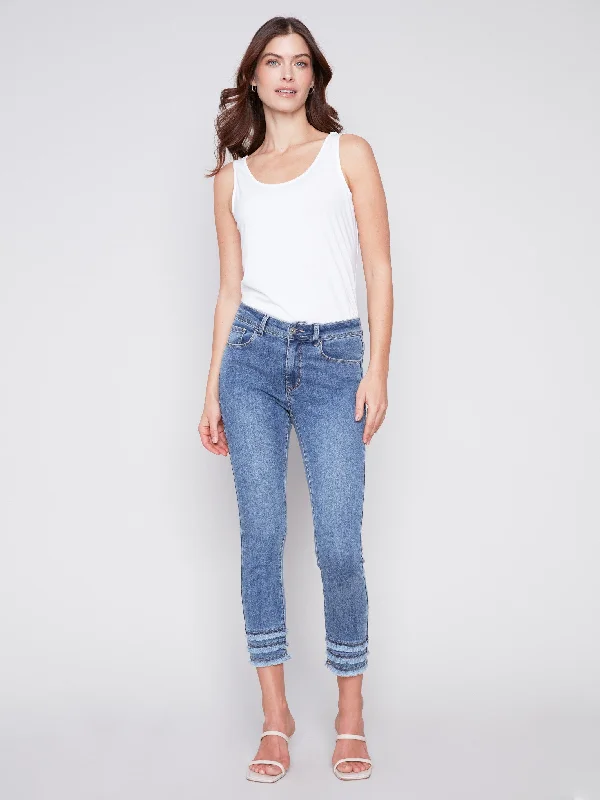 Frayed Hem Cropped Denim Pants - Medium Blue