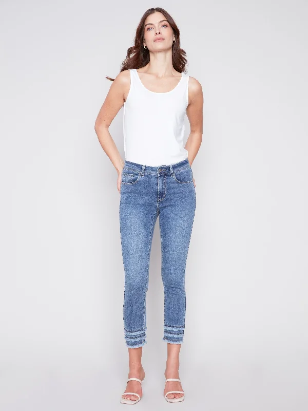 Frayed Hem Cropped Denim Pants - Medium Blue