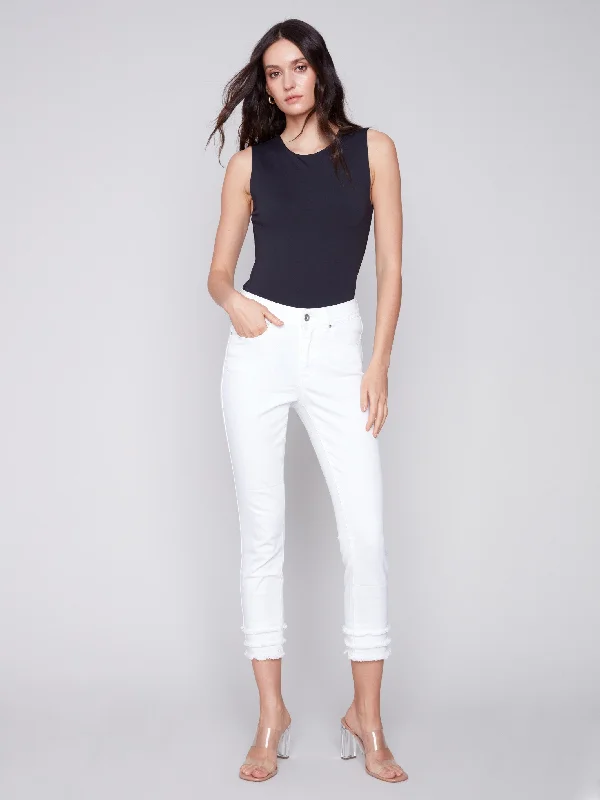 Frayed Hem Cropped Twill Pants - White