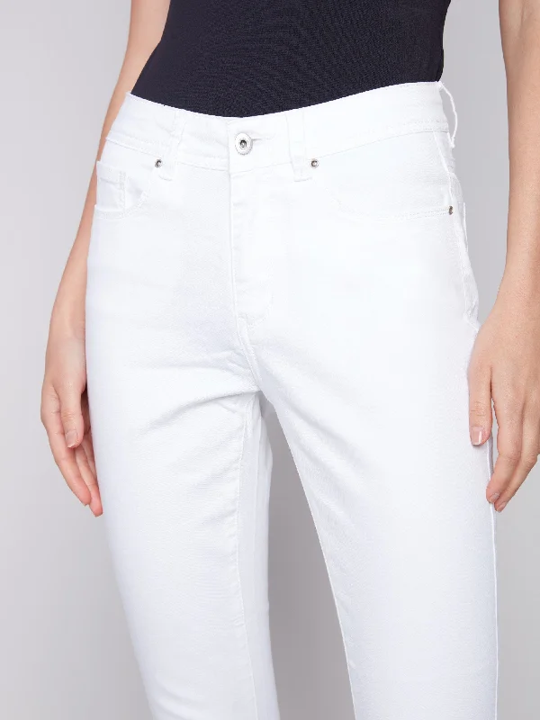 Frayed Hem Cropped Twill Pants - White