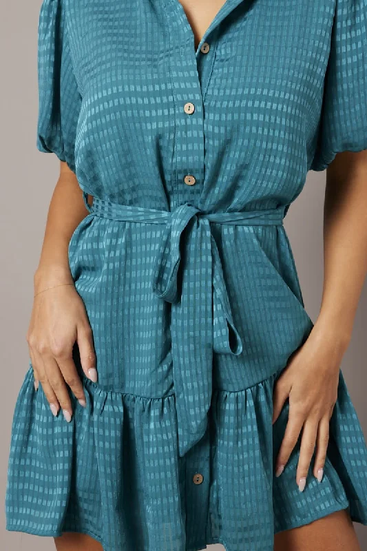 Green Fit And Flare Dress Short Sleeve Mini