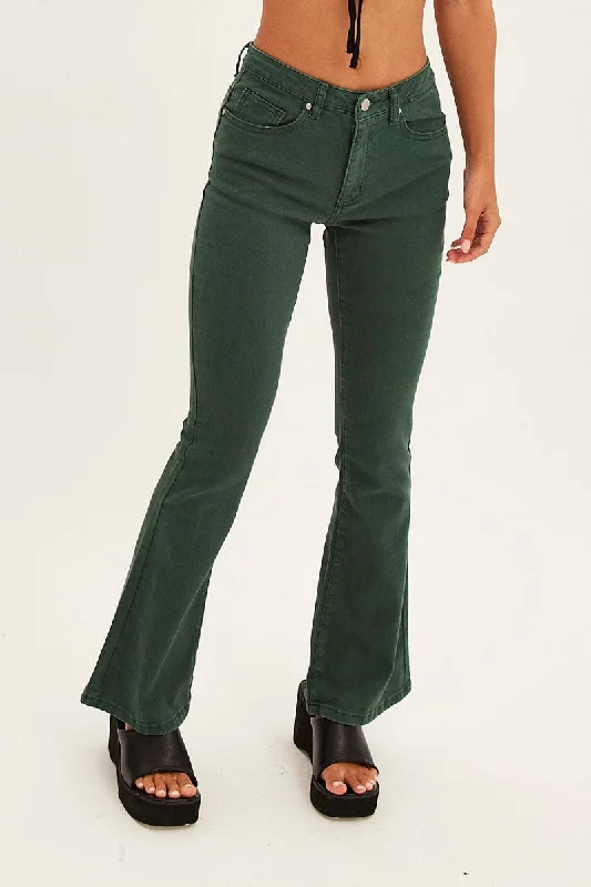 Green Flare Denim Jeans Low Rise