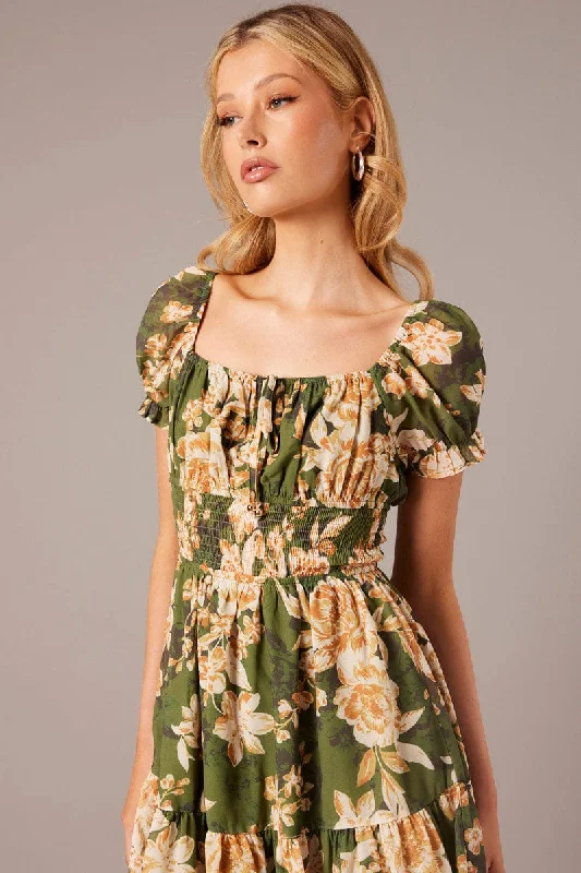 Green Floral Fit And Flare Dress Puff Sleeve Mini Floral print