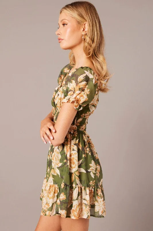 Green Floral Fit And Flare Dress Puff Sleeve Mini Floral print