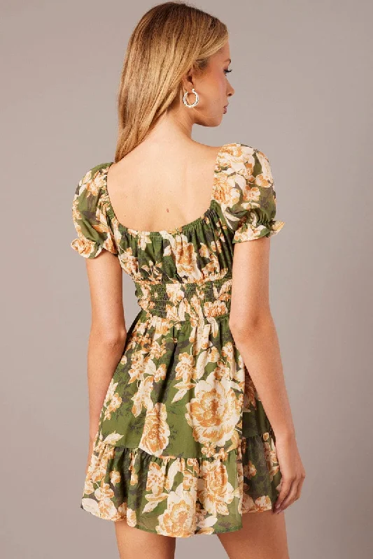 Green Floral Fit And Flare Dress Puff Sleeve Mini Floral print