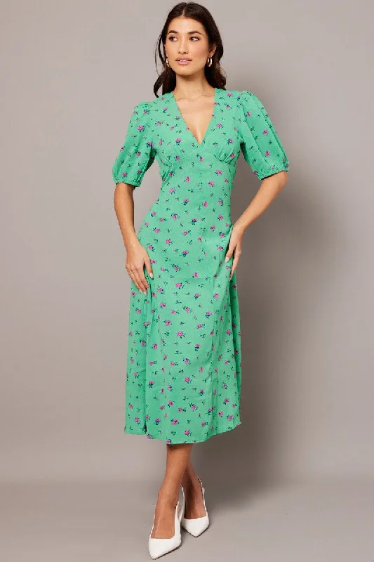 Green Floral Midi Dress Puff Sleeve Tea Dress