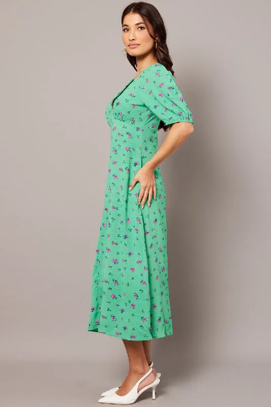 Green Floral Midi Dress Puff Sleeve Tea Dress