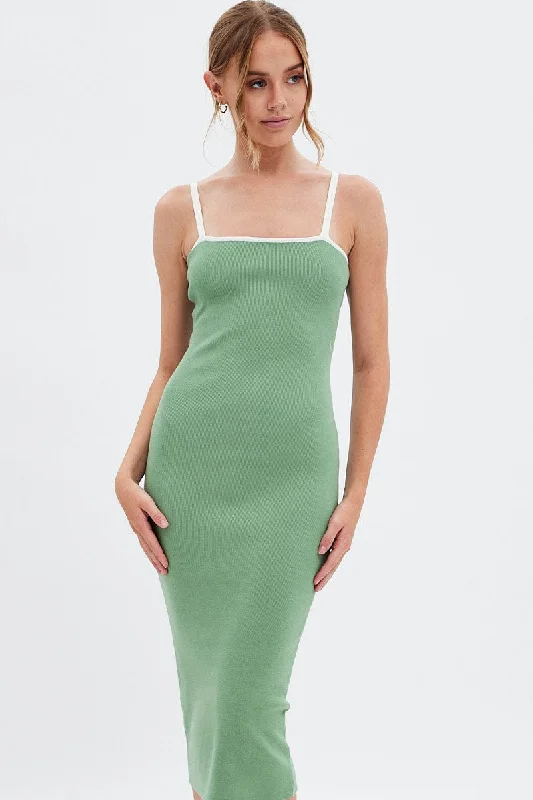 Green Knit Dress Sleeveless Midi Contrast Bind