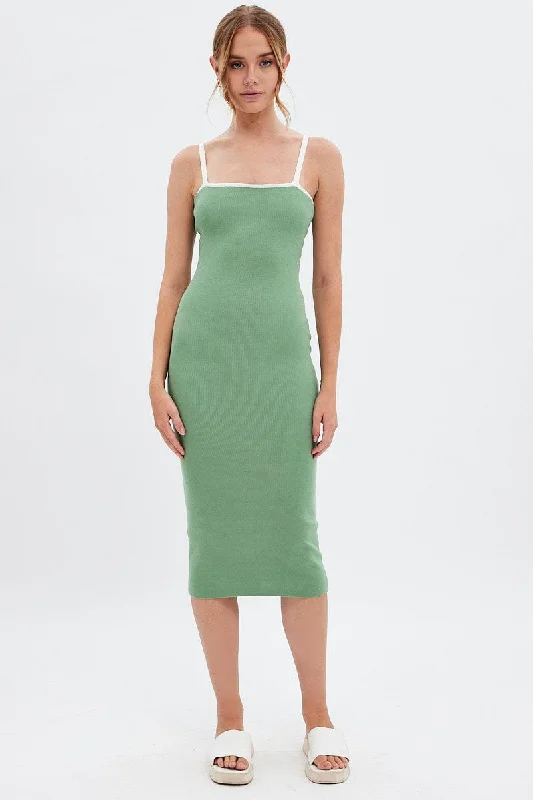 Green Knit Dress Sleeveless Midi Contrast Bind