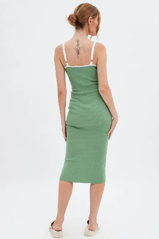 Green Knit Dress Sleeveless Midi Contrast Bind