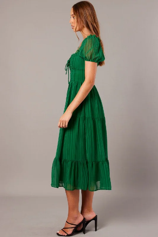 Green Midi Dress Puff Sleeve