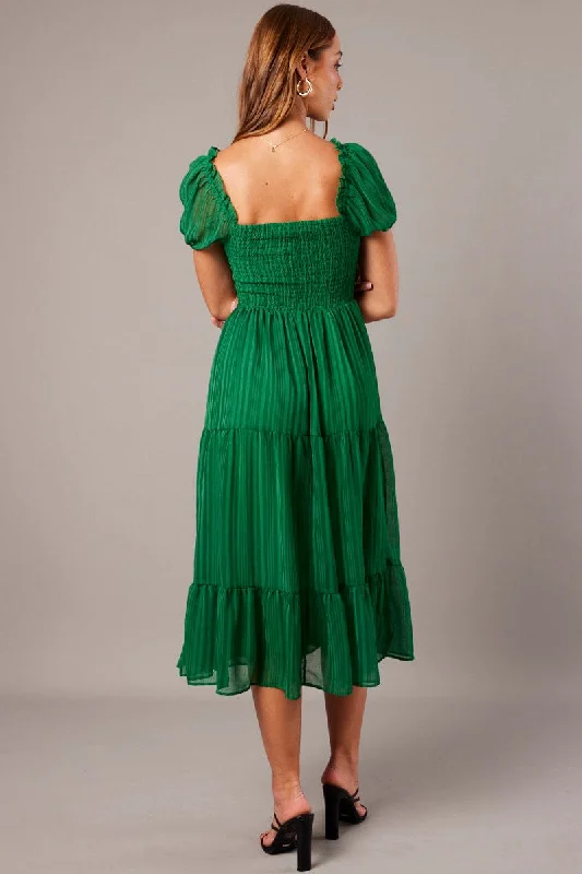 Green Midi Dress Puff Sleeve