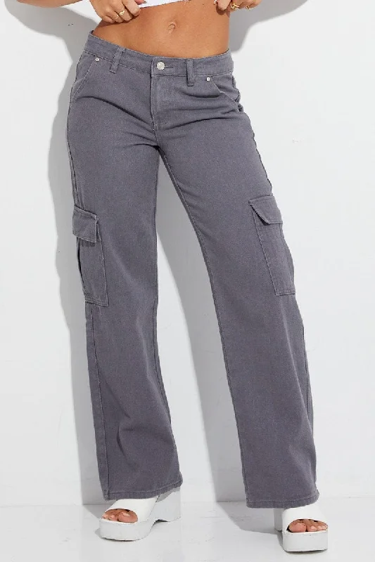 Grey Cargo Denim Jeans Low Rise