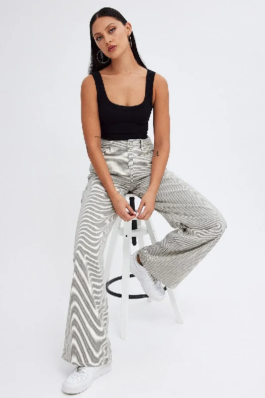 Grey Stripe Wide Leg Jeans High Rise