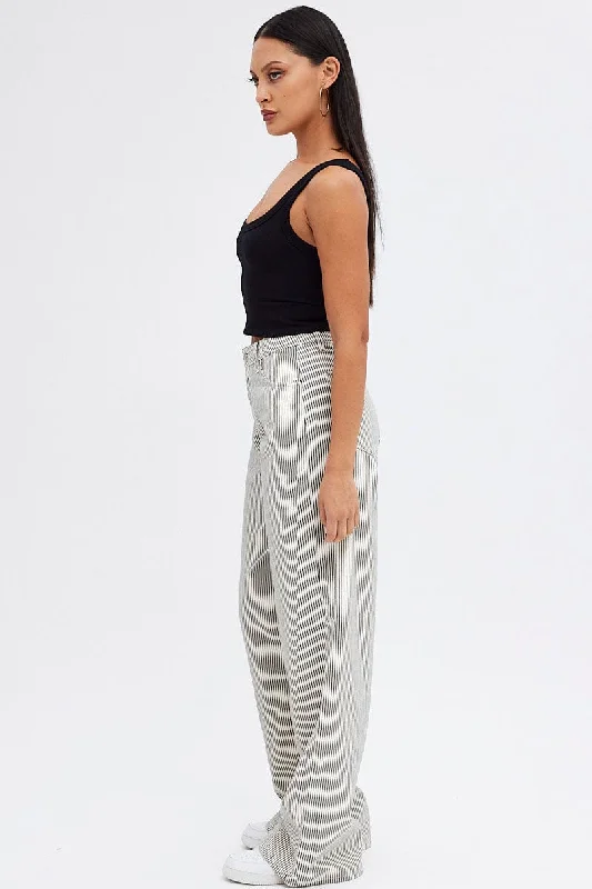 Grey Stripe Wide Leg Jeans High Rise