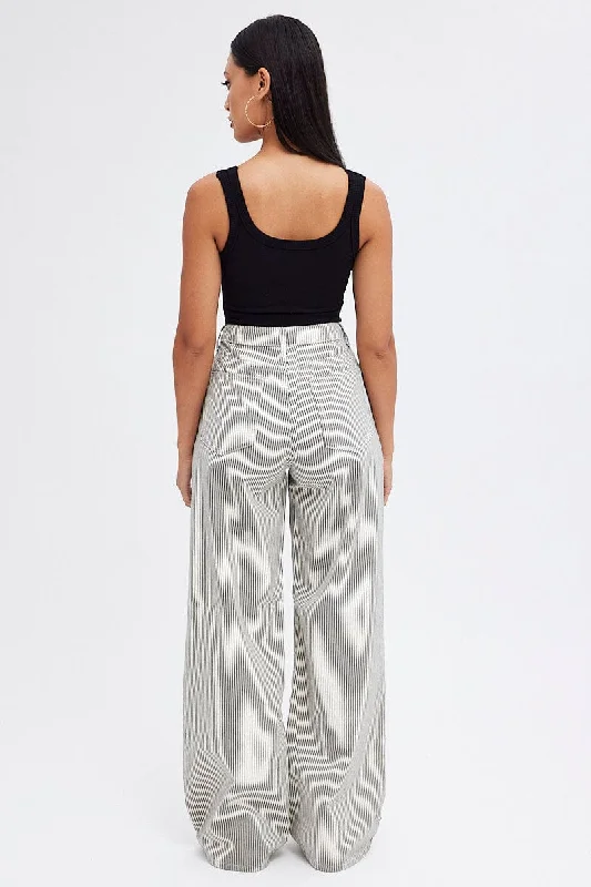 Grey Stripe Wide Leg Jeans High Rise