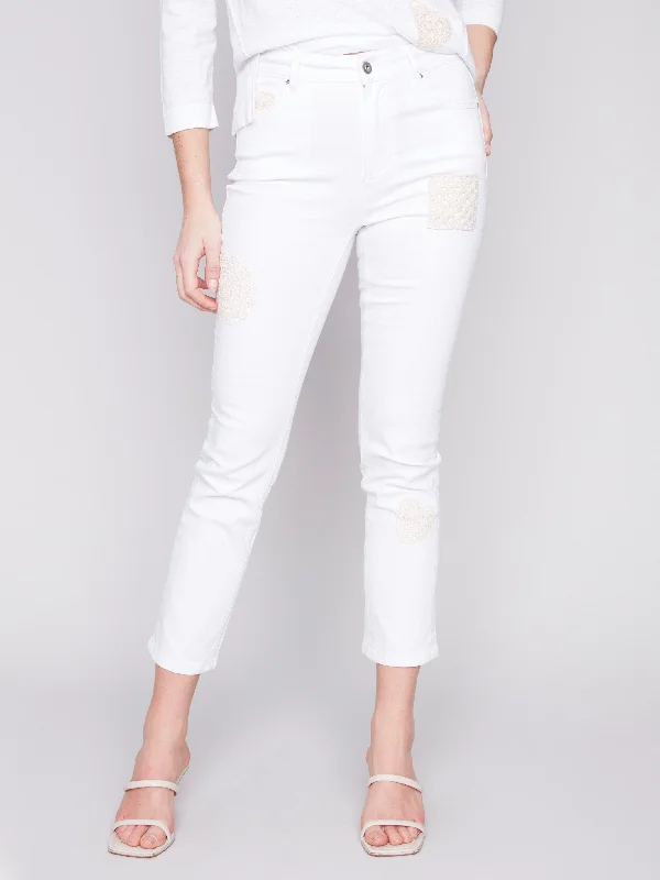 Jeans with Crochet Patch Details - White