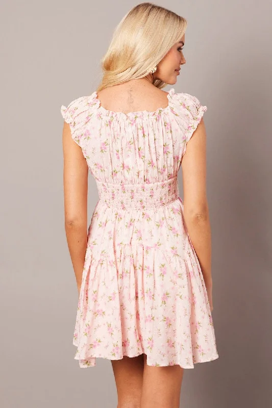 Pink Floral Fit And Flare Dress Puff Sleeve