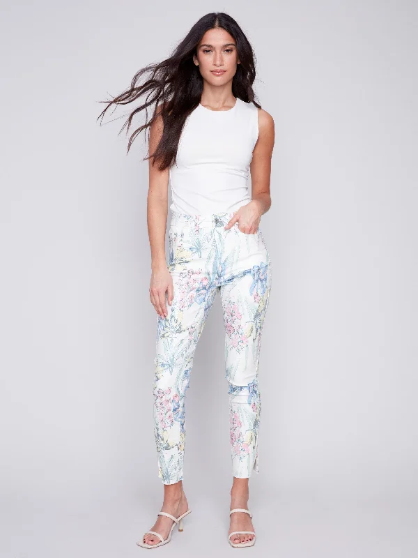 Printed Twill Pants with Hem Slit - Hawaii