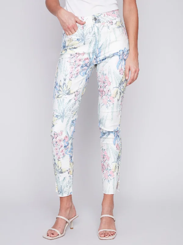 Printed Twill Pants with Hem Slit - Hawaii