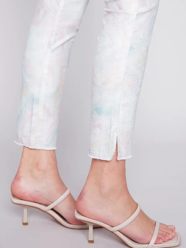 Printed Twill Pants with Hem Slit - Pastel