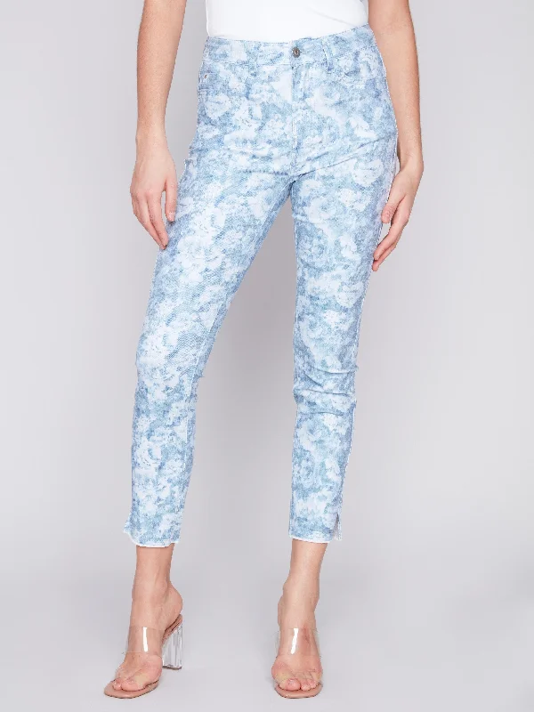 Printed Twill Pants with Hem Slit - Blue Rose