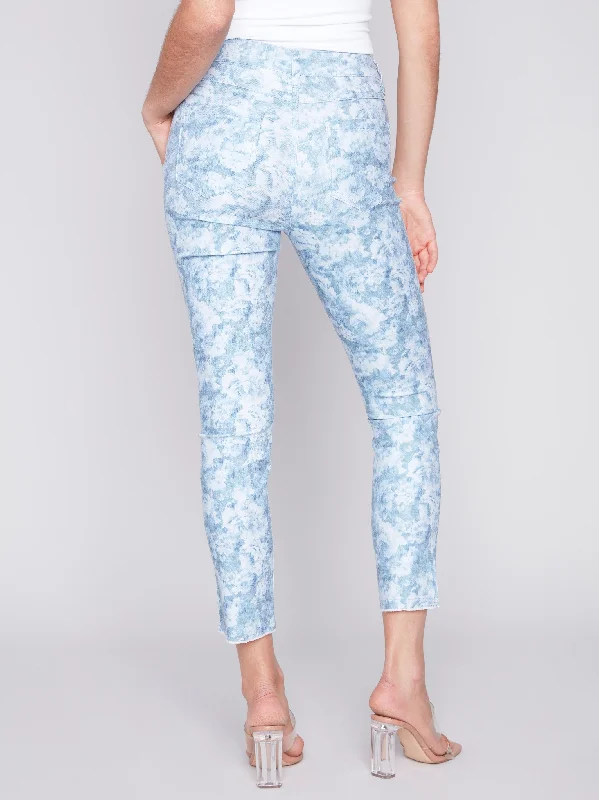 Printed Twill Pants with Hem Slit - Blue Rose