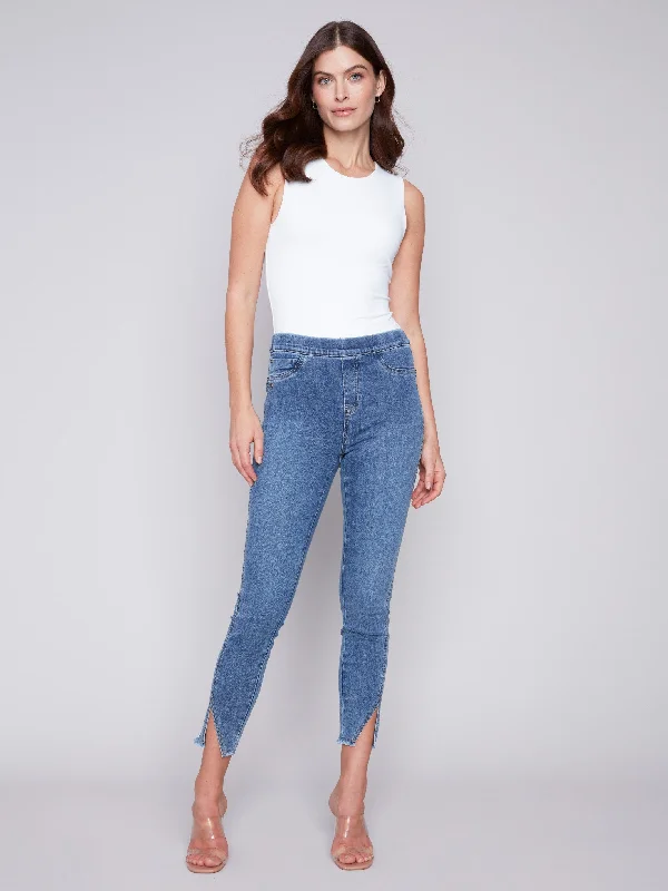 Pull-On Jeans with Split Hem - Medium Blue