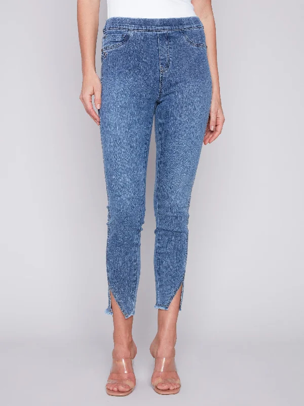 Pull-On Jeans with Split Hem - Medium Blue