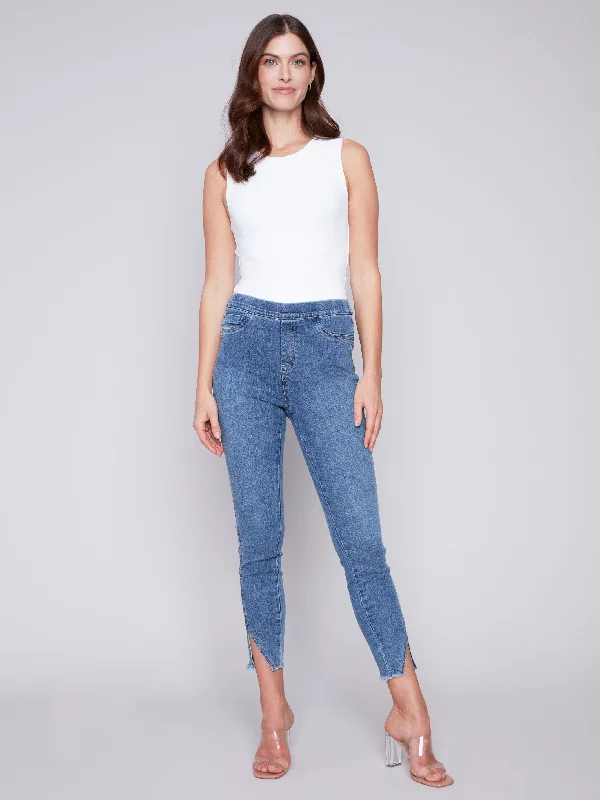 Pull-On Jeans with Split Hem - Medium Blue