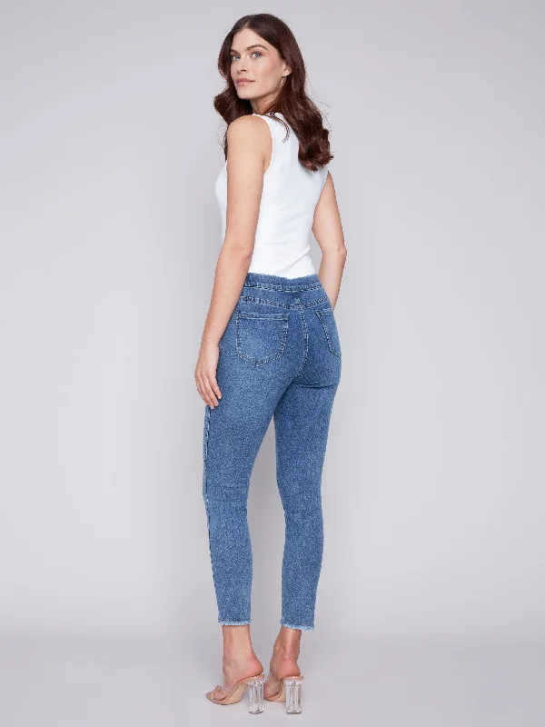 Pull-On Jeans with Split Hem - Medium Blue