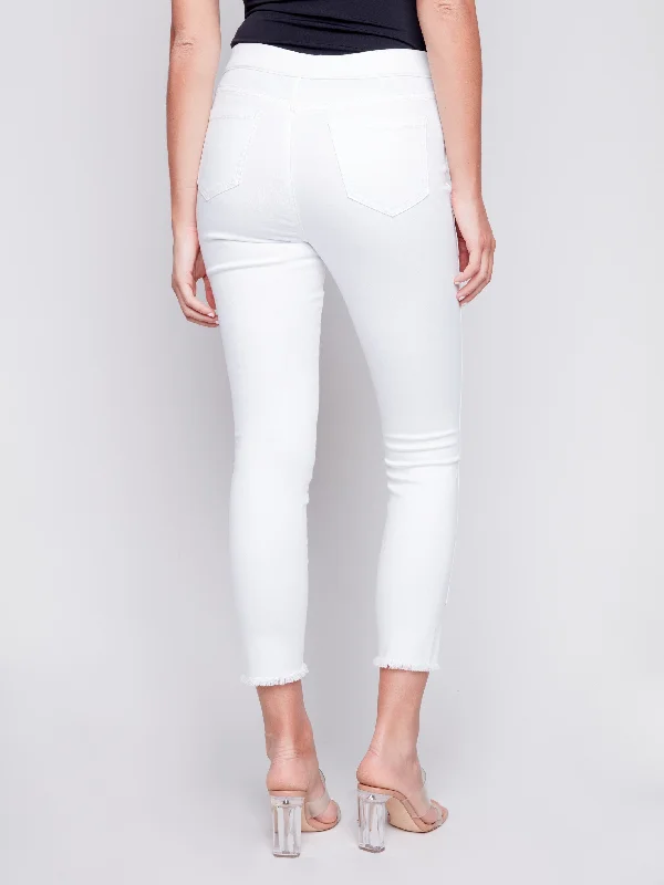 Pull-On Twill Pants with Split Hem - White