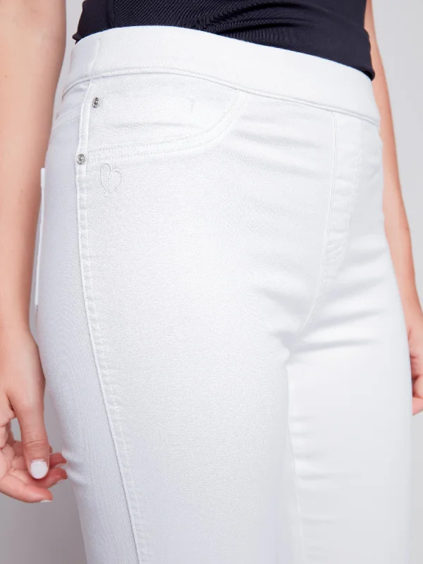 Pull-On Twill Pants with Split Hem - White