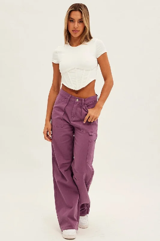 Purple Cargo Jeans Mid Rise