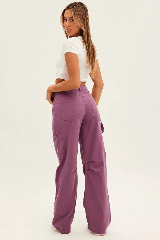 Purple Cargo Jeans Mid Rise