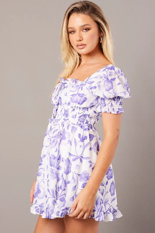 Purple Floral Fit And Flare Dress Puff Sleeve