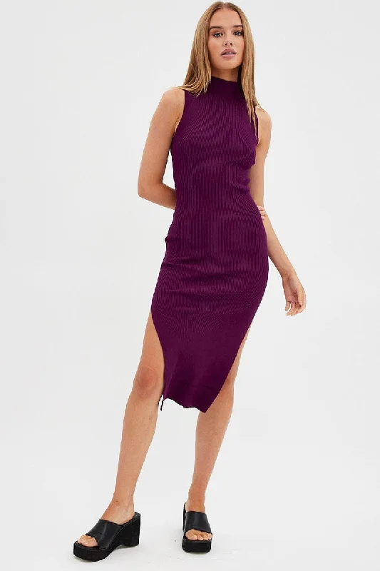 Purple Midi Dress High Neck Knit