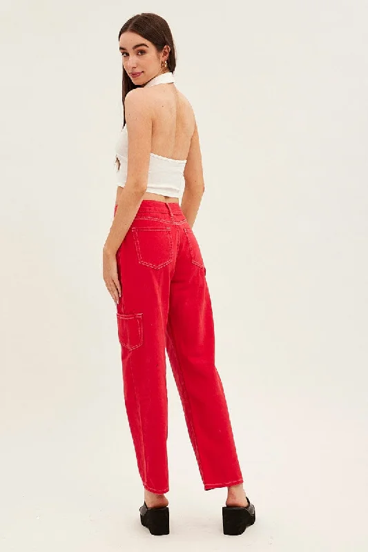 Red Cargo Denim Jeans Low Rise