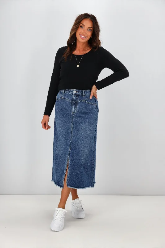 Shine On Label Lawson Angle Yoke Long Denim Skirt Indigo