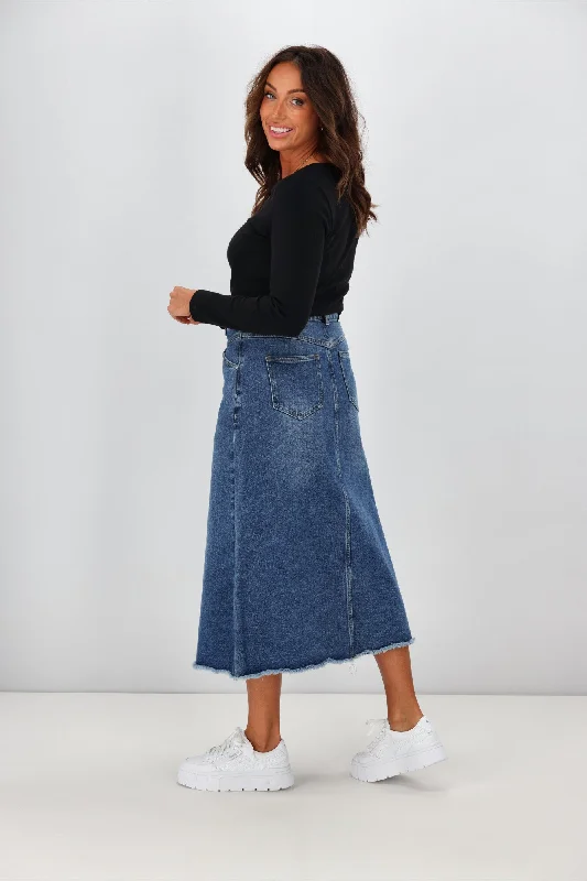 Shine On Label Lawson Angle Yoke Long Denim Skirt Indigo